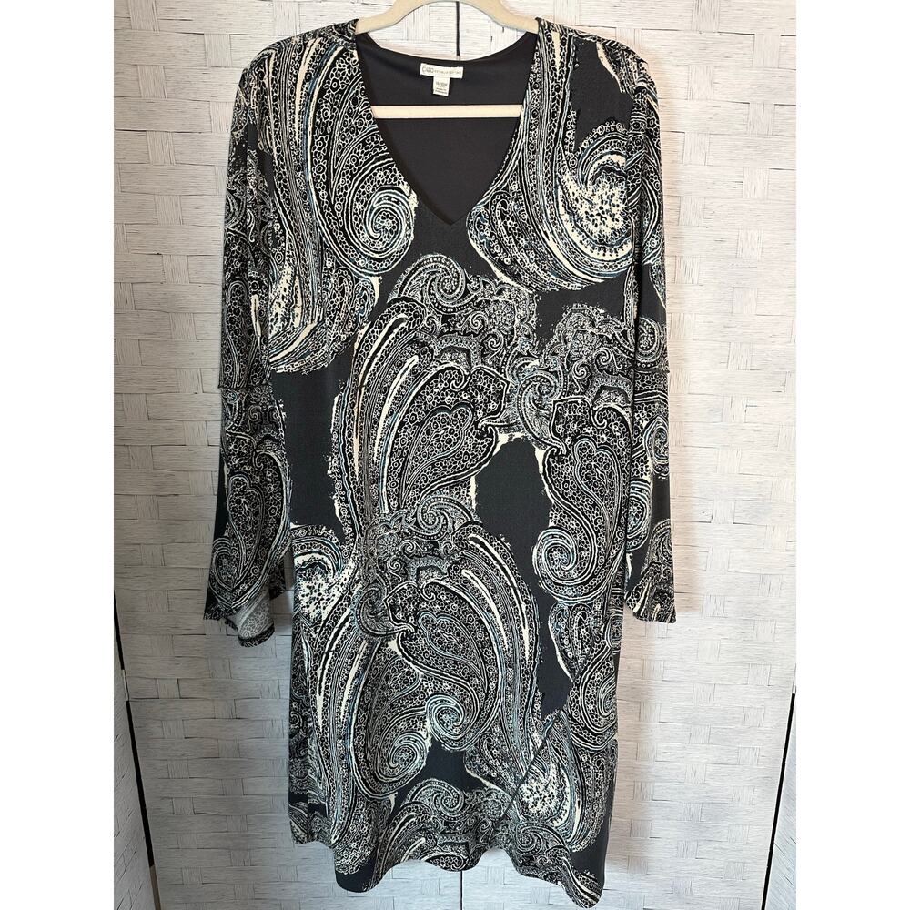 Cato Womens Dress sheath Paisley V-neck bell sleeve grey Bohemian plus size